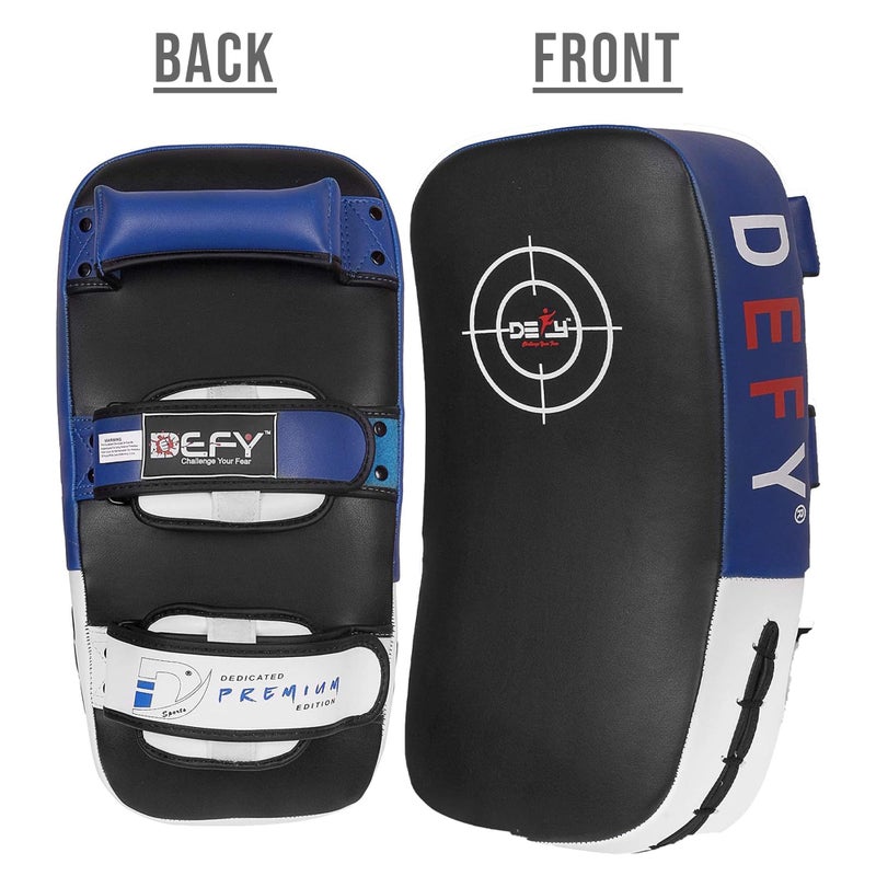 DEFY Challenge Your Fear Defy Sports - Curved Leather Thai Pads with Enhanced Shock Absorption - Double-Layered Buckle Straps for Superior Fit - Lightweight & Durable Kick Pad for Boxing, Karate & MMA Training - 1 Pad - Blue - Image 2